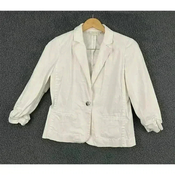 Chico's White Blazer Sz 0 3/4 Sleeve Cotton Blend Single Button Collar - Picture 10 of 10